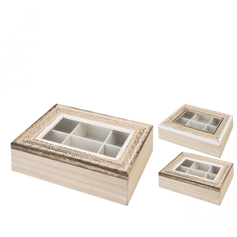 Tea box με τζάμι από ξύλο με Εθνίκ σχέδιο, 24x17cm Zaros HM632