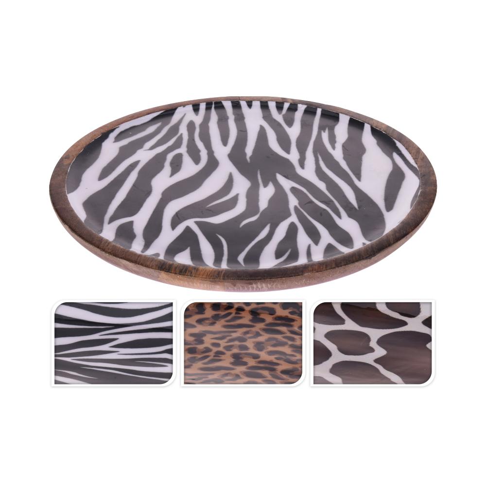 Στρογ. δίσκος από ξύλο μάνγκο, animal print 3σχ., 30cm Zaros HM913