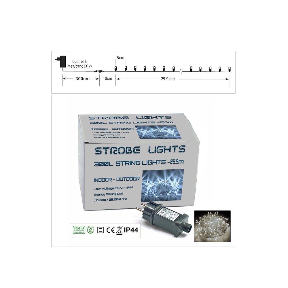 300Led Strobe σε σειρά, Διάφανο/4000k 30m. Zaros STR300L-4K