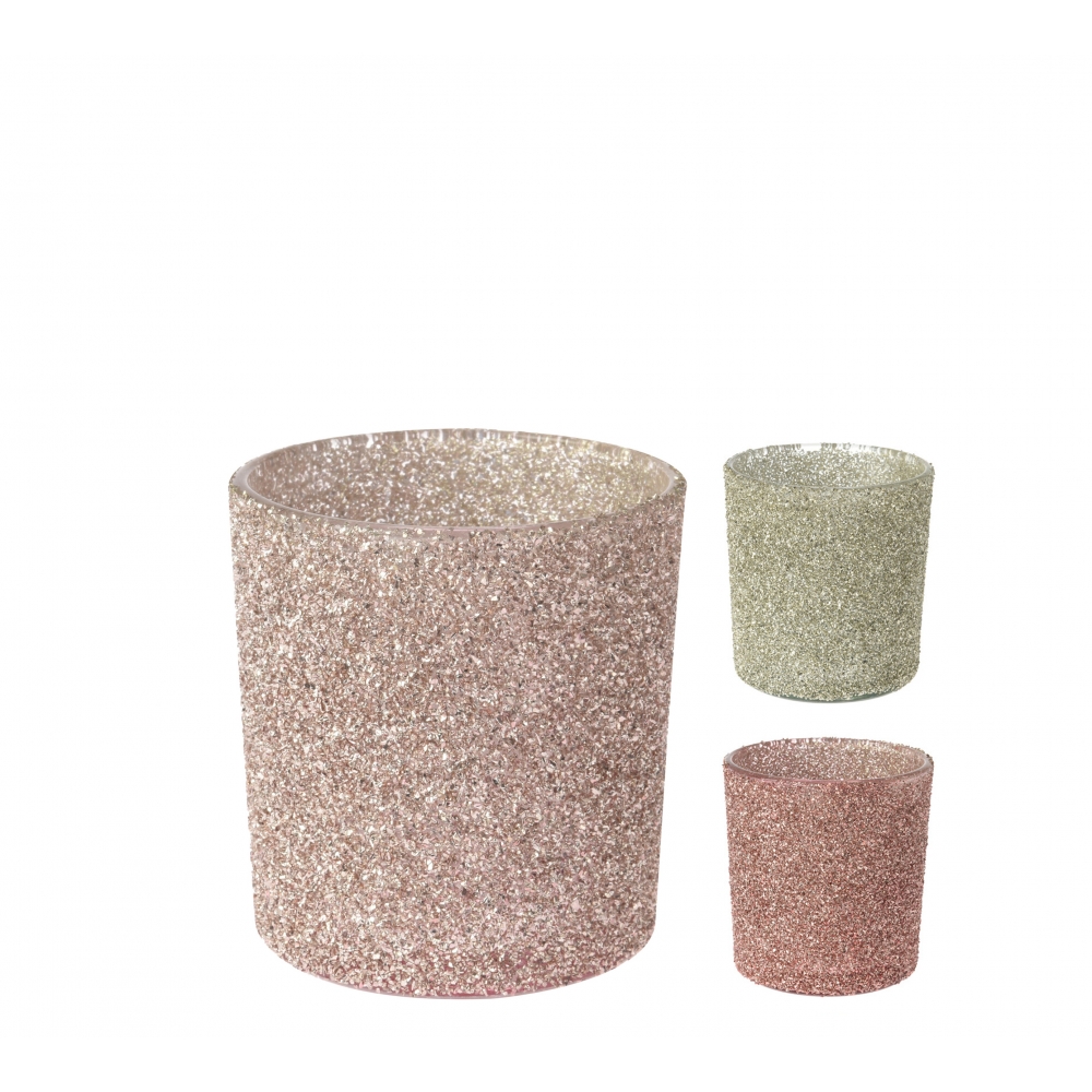 Κηροπήγιο ρεσό, γυάλινο glitter, 3 παστέλ χρ.,8cm Zaros GL572