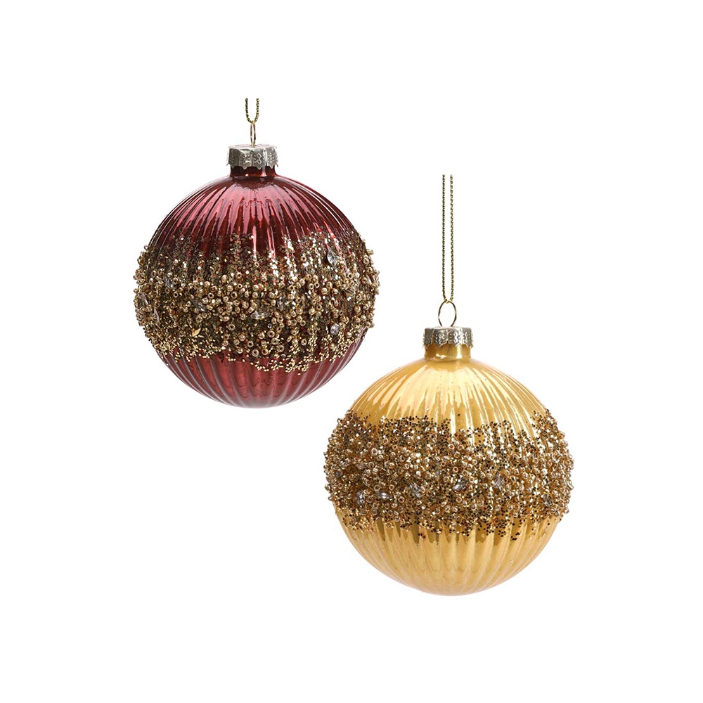 Γυάλινη μπάλλα ριγέ 2χρ.(μπορντώ & μελί) με glitter,8cm Zaros BL370