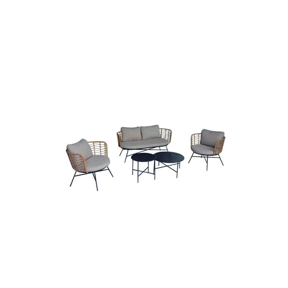 Artekko Rattan Διθέσιος Καναπές (155x75x73)cm 2x Πολυθρόνες (80x75x73)cm 2x Τραπεζάκια (70x70x35) (50x50x45)cm Μεταλλικός Γκρι Σκελετός με Παστικ. Ρατάν σε Φυσική Απόχρωση και Μπεζ Γκρι Μαξιλάρια Σετ/4 Artekko 248-6000