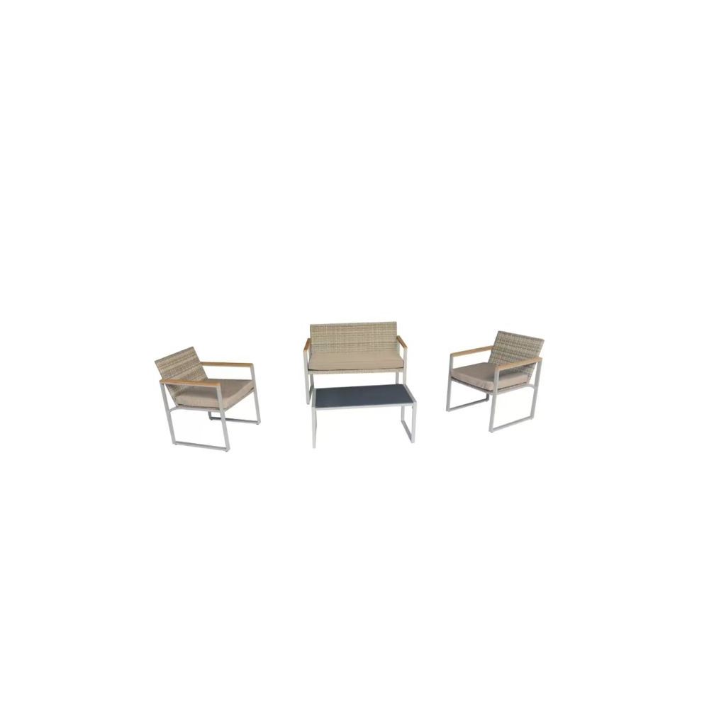 Artekko Rattan Διθέσιος Καναπές (115x60x80)cm 2x Πολυθρόνες (60x60x75)cm και Τραπέζι με Μαύρο Τζάμι (85x46x40)cm Γκρι Ανοιχτό Μεταλλικό Σκελετό με Ξύλο Πλαστικ Ρατάν και Μπεζ Μαξιλάρια Σετ/4 Artekko 248-6001