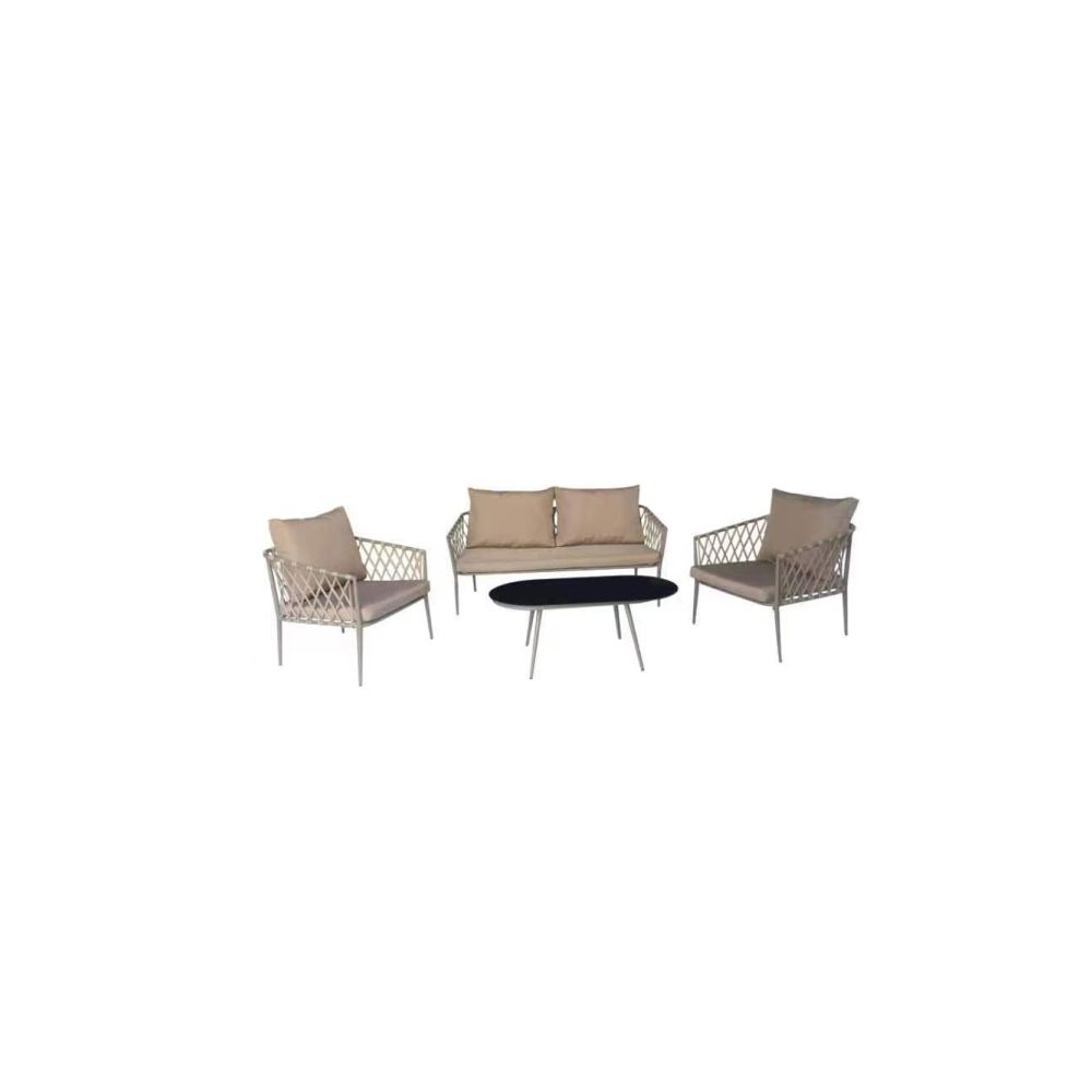 Artekko Rattan Καναπές (160x75x72)cm 2x Πολυθρόνες (76x75x72)cm Τραπέζι με Τζάμι (110x55x42)cm με Πλαστικ Κορδόνι Μεταλλικό Σκελετό Γκρι και Γκρι Μαξιλάρι Σετ/4 Artekko 248-6004