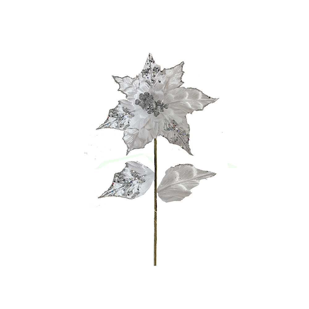 Αλεξανδρινό λουλούδι λευκό βελ.&ασημί glitter,70cm Zaros AX761