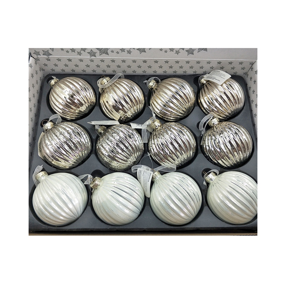 Γυαλινη μπάλλα ραβδωτή σε ασημί & λευκό,10cm Zaros BL409