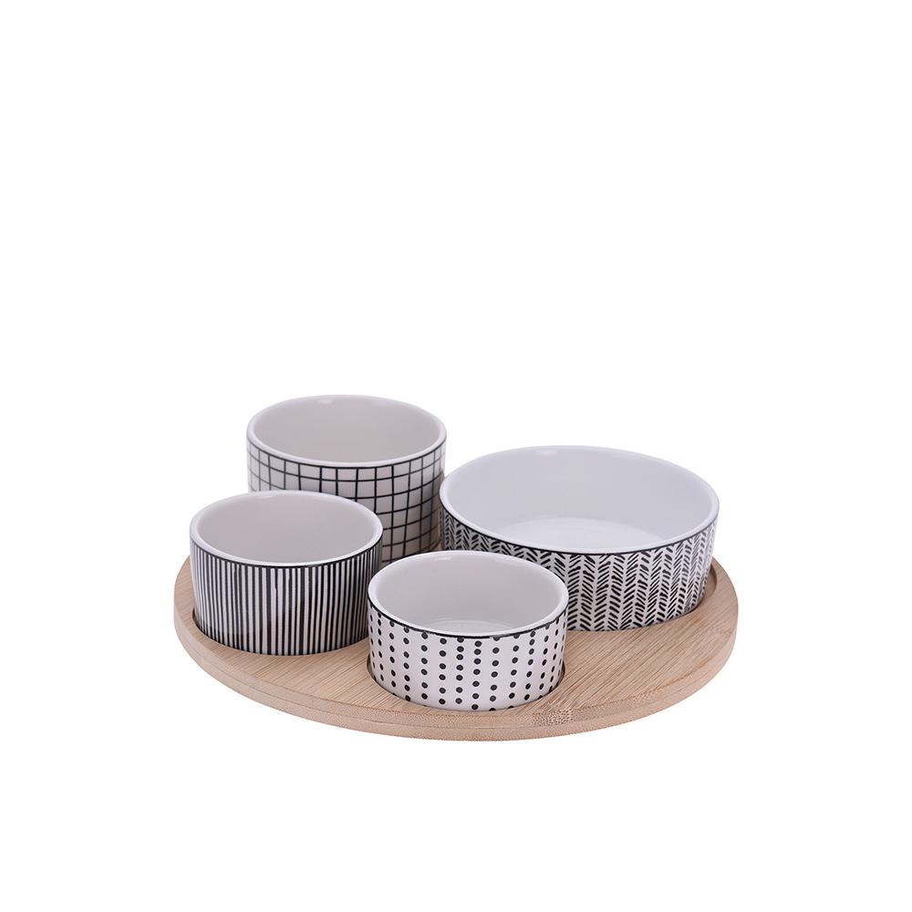 Ορντεβίερα με 4 κεραμικά μπολ, βάση bamboo διαμ.22.5cm Zaros KZ288