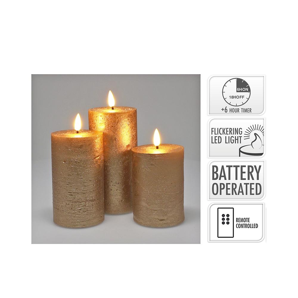 Σετ/3 κεριά led 7.5x10cm-12.5cm-15cm control & timer, χρυσό Zaros CA486