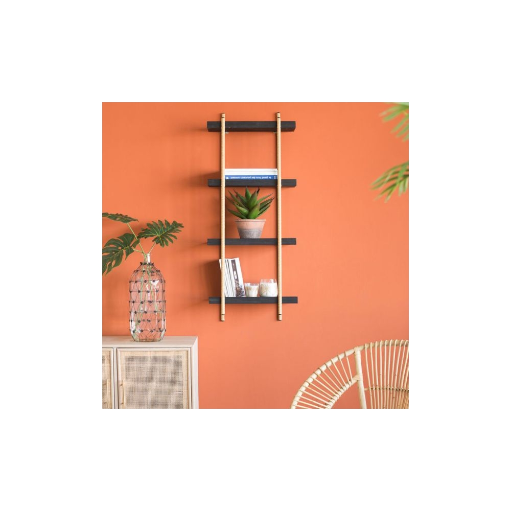 Artekko Shelf Ραφιέρα Επιτοίχια με 4 Ράφια Μέταλλο Ξύλο Ρατάν Μαύρο (46x25x112)cm Artekko 78036-DS