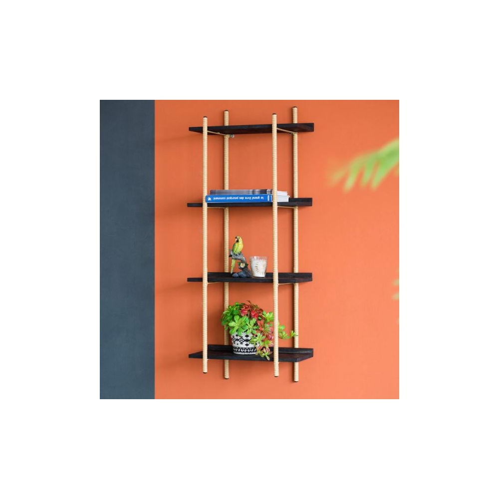 Artekko Shelf Ραφιέρα Επιτοίχια με 4 Ράφια Μέταλλο Ξύλο Ρατάν Μαύρο (46x25x112)cm Artekko 78036-DS