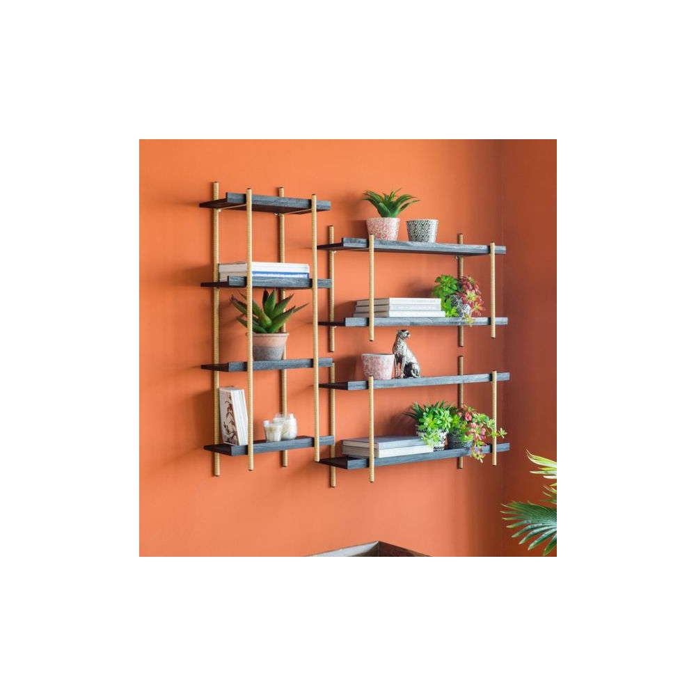 Artekko Shelf Ραφιέρα Επιτοίχια με 4 Ράφια Μέταλλο Ξύλο Ρατάν Μαύρο (46x25x112)cm Artekko 78036-DS