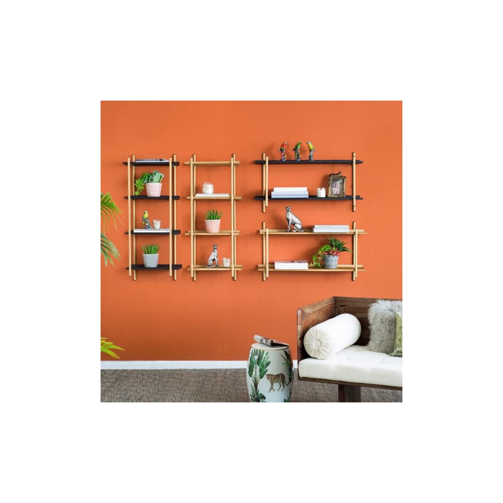 Artekko Shelf Ραφιέρα Επιτοίχια με 4 Ράφια Μέταλλο Ξύλο Ρατάν Μαύρο (46x25x112)cm Artekko 78036-DS