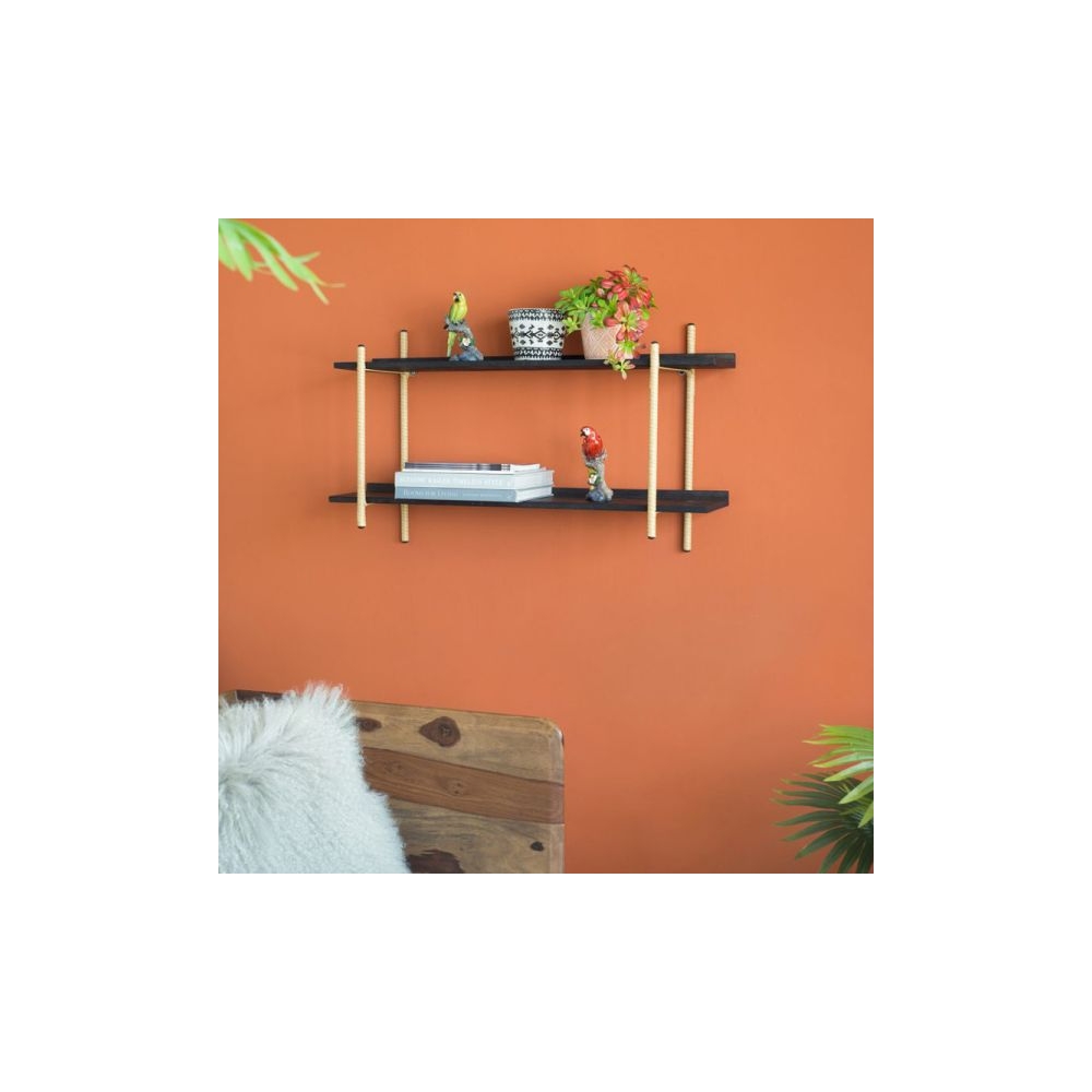 Artekko Shelf Ραφιέρα Επιτοίχια με 2 Ράφια Μέταλλο Ξύλο Ρατάν Μαύρο (92x25x52)cm Artekko 78038-DS