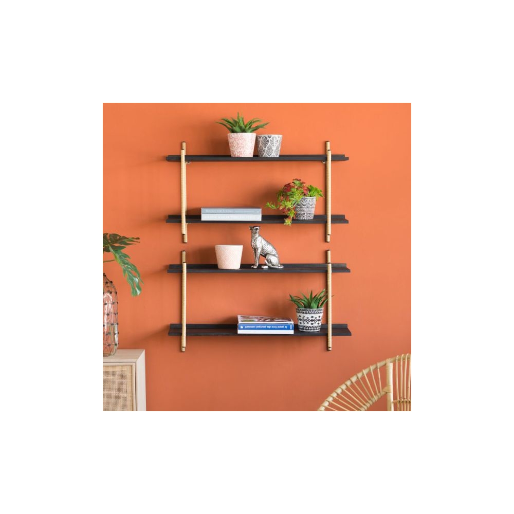 Artekko Shelf Ραφιέρα Επιτοίχια με 2 Ράφια Μέταλλο Ξύλο Ρατάν Μαύρο (92x25x52)cm Artekko 78038-DS