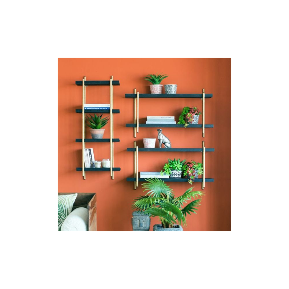 Artekko Shelf Ραφιέρα Επιτοίχια με 2 Ράφια Μέταλλο Ξύλο Ρατάν Μαύρο (92x25x52)cm Artekko 78038-DS