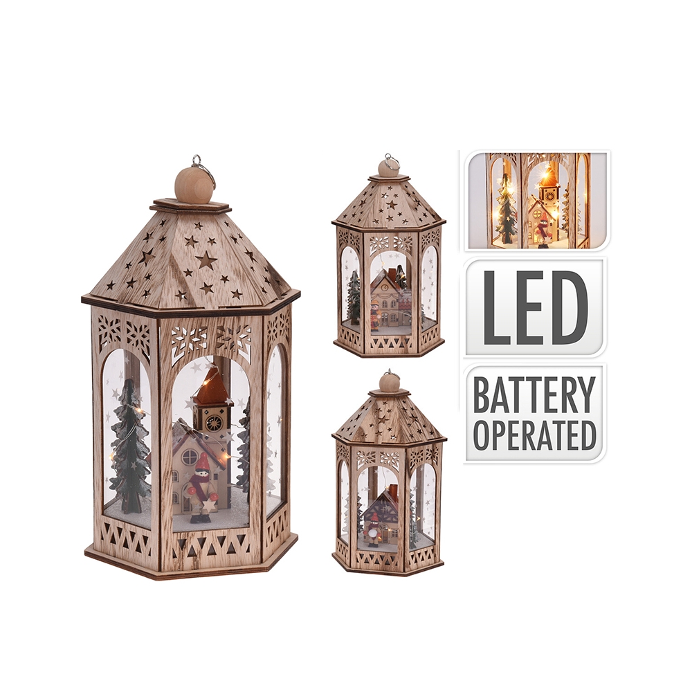 Ξύλινο φανάρι με χριστ/κο ντεκόρ,10Led,31cm Zaros XM397