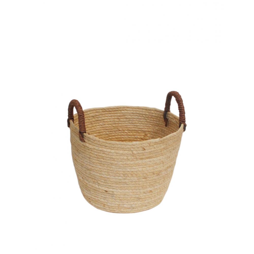 Καλάθι ψάθινο εκρού/καφέ χερούλια Φ30Η24/33cm Plastona 00.06.61371