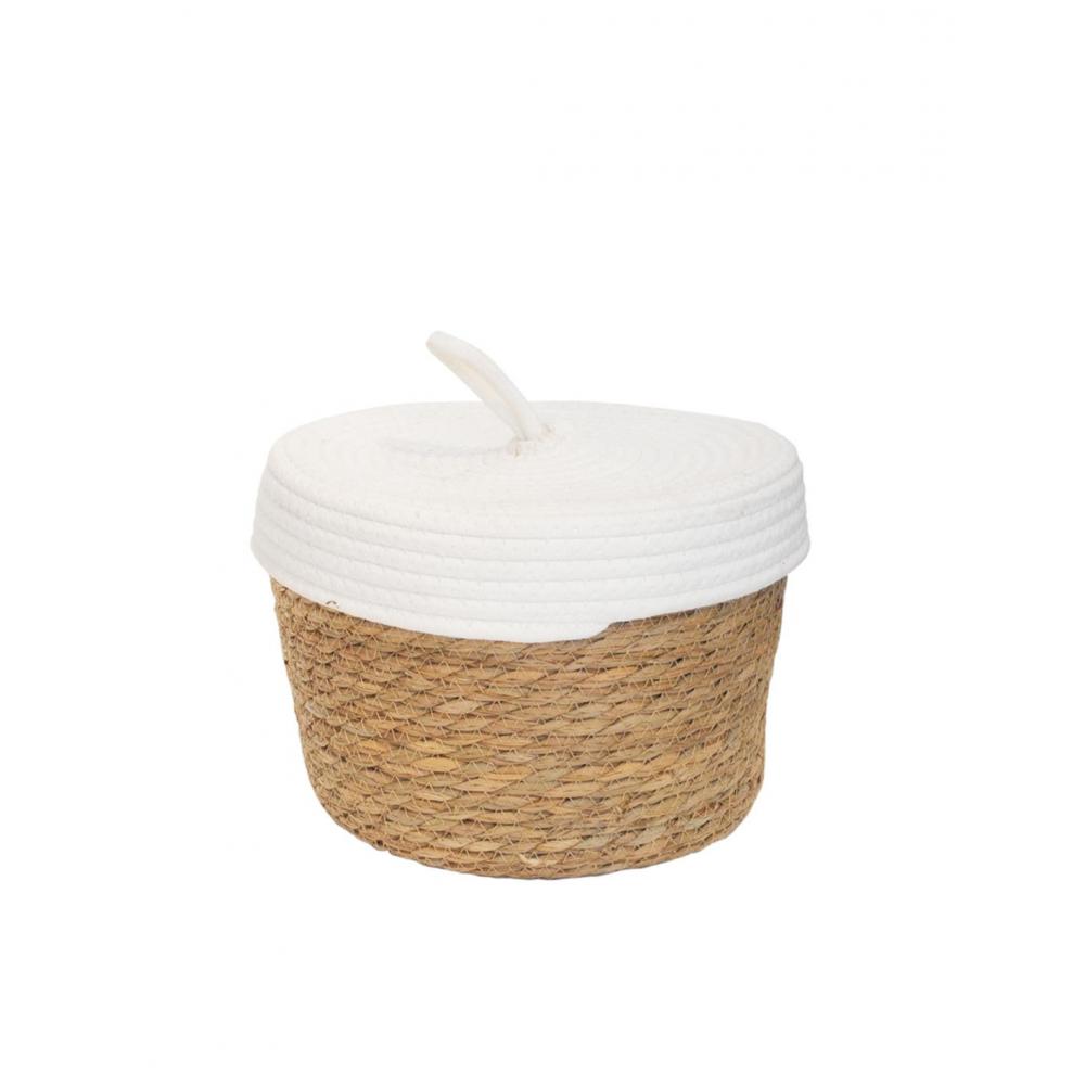 Καλάθι ψάθινο φυσικό λευκό καπάκι Φ27Η19/20,5cm Plastona 00.06.61368