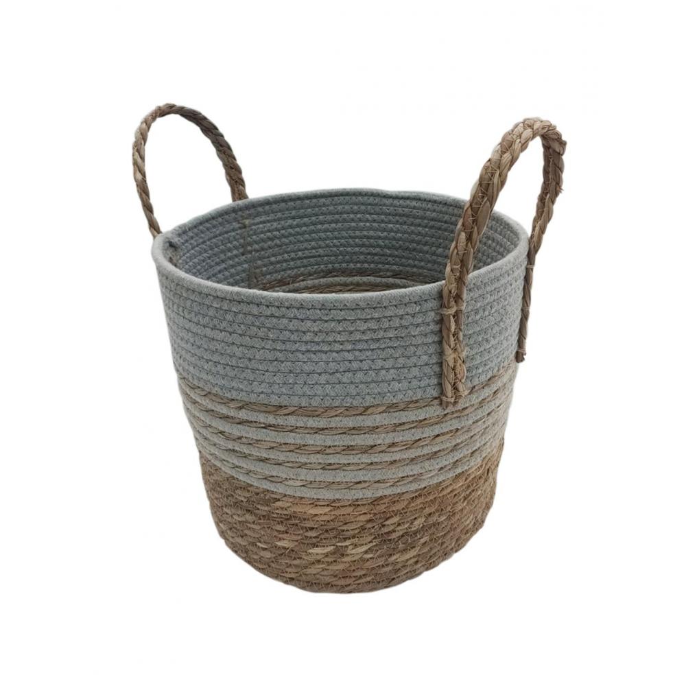 Καλάθι ψάθινο φυσικό με ρίγες & φάσα γκρι 33X30/39 Plastona 00.06.61268