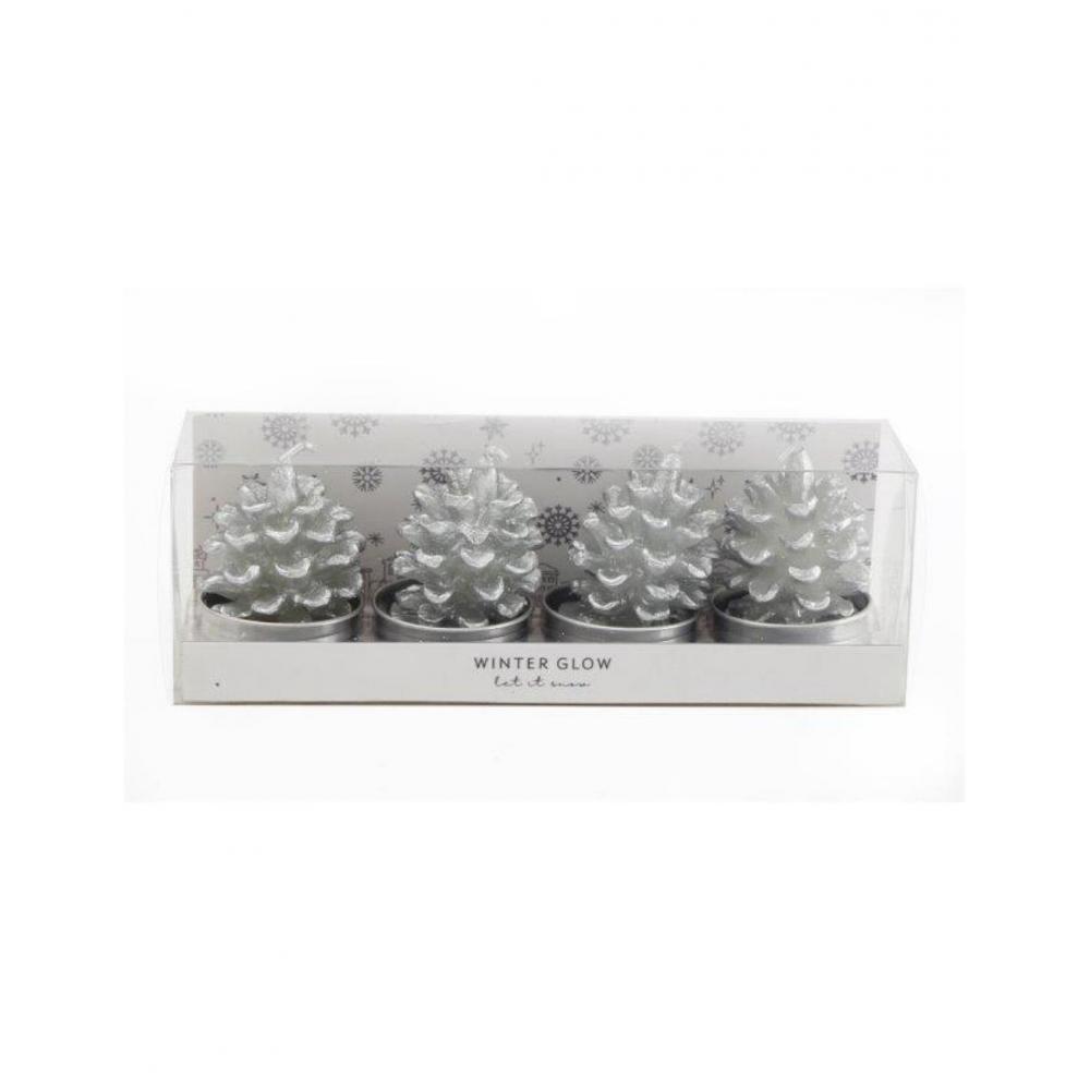 Κεριά κουκουνάρια ασημί σετ4 Η6cm Plastona 014.XMS1777