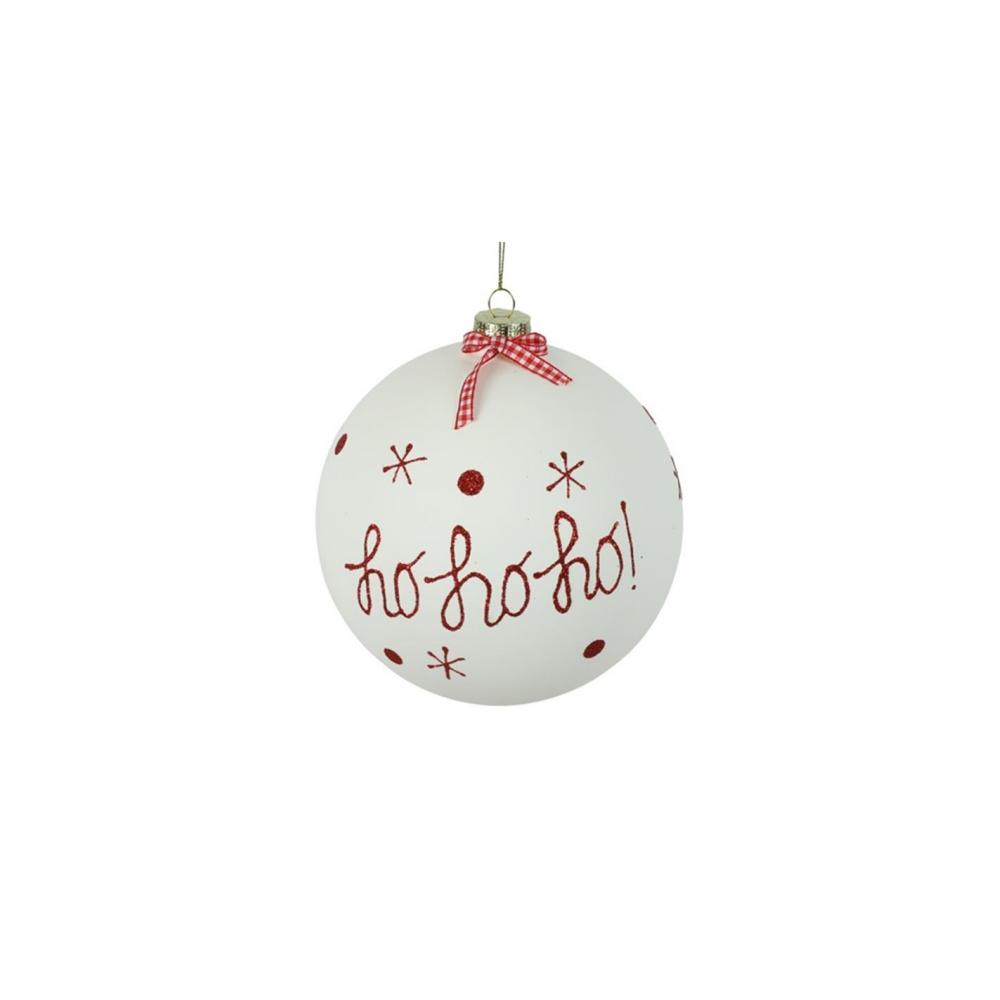 Μπάλα γυαλινη λευκή HO HO HO Φ12cm Plastona 013.811481