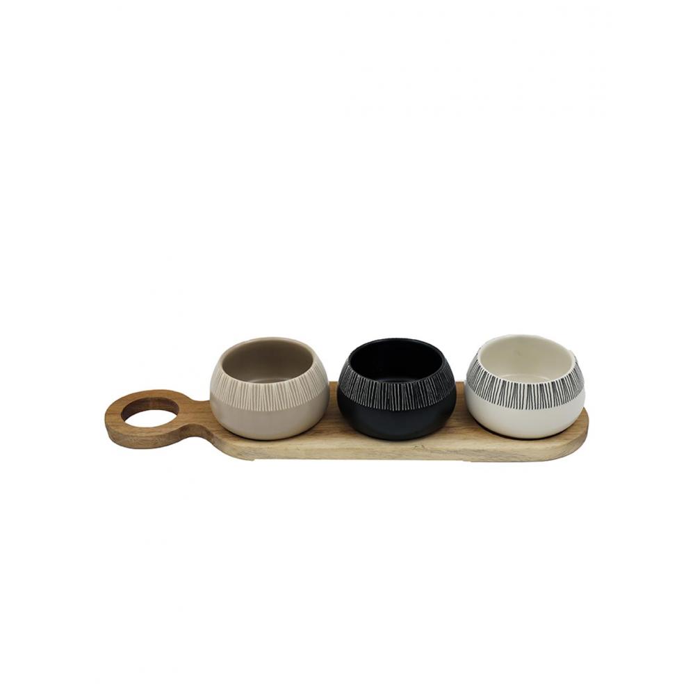 Μπωλ κεραμικά TAPAS σε ξύλινη βάση 38X10X6.8cm Plastona 014.KG3897