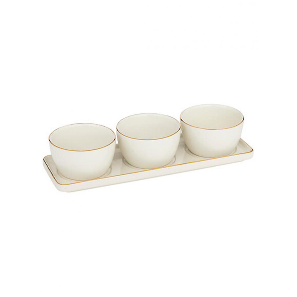 Σετ 3μπωλ σε δίσκο λευκό/χρυσό Stoneware 30 x 9,5 x 5,5 cm Plastona 07.196439