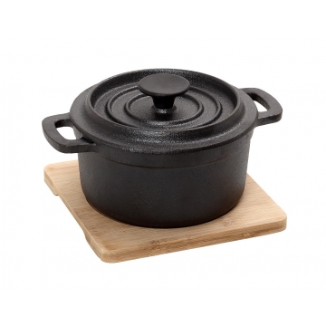 ΚΑΤΣΑΡΟΛΑ CAST-IRON ΜΑΥΡΗ D: 10 H: 8CM  250ML ΜΕ ΒΑΣΗ BAMBOO
