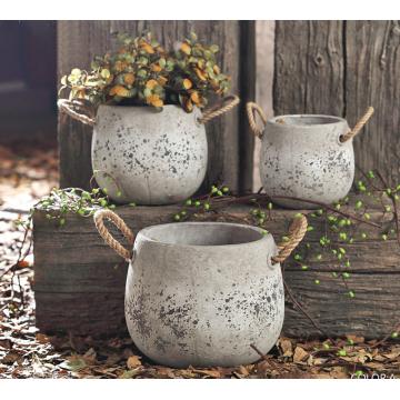 Κεραμικό κασπώ "vintage grey" με 2 λαβές από σχοινί,Δ.24cm
