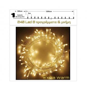 240Led-(IP44) με πρόγραμμα και μνήμη, ψυχρό λευκό, διάφανο καλώδιο 12μ. 1200