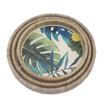 Σ/2 Ξύλινοι δίσκοι Seagrass Hand paint σχ."Φύλλα",δ.30/37cm