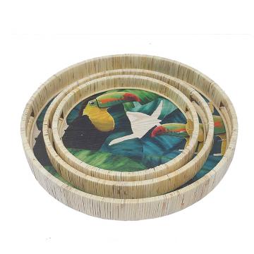 Σ/2 Ξύλινοι δίσκοι με Seagrass hand paint σχ. "Tucan",δ.30/37cm