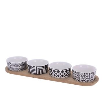 Ορντεβίερα με 4 κεραμικά μπολ, βάση bamboo 38x10cm