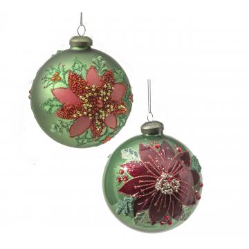 Glass Ball Red/Green Poinsettia,D.10cm