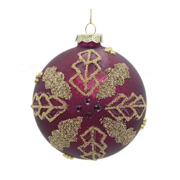 Glass Ball Burgundy & Gold Leafs,D.:10cm