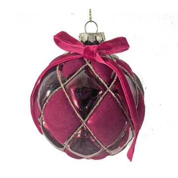 Glass Ball Rohmb Des. Flocked Burgundy,D.10cm