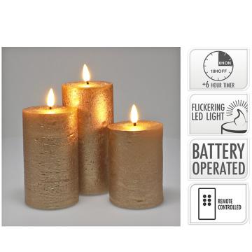 Σετ/3 κεριά led 7.5x10cm-12.5cm-15cm control & timer, χρυσό