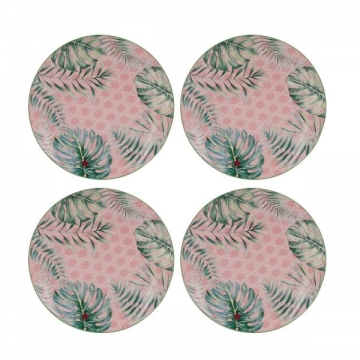 Artekko Tropical Ρηχά Πήλινα Πιάτα με Πράσινα και Ροζ Σχέδια (20x20x2)cm 4pcs
