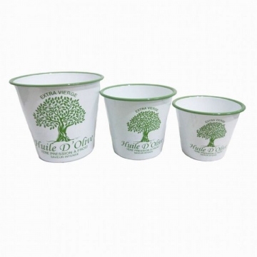 Artekko Bucket Λευκά Μεταλλικά Κουβαδάκια με Πράσινα Σχέδια (16x16x18)cm (16.5x16.5x15)cm (14.5x14.5x12)cm 3pcs