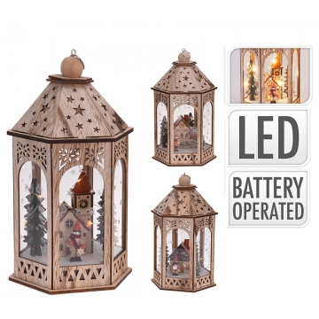 Ξύλινο φανάρι με χριστ/κο ντεκόρ,10Led,31cm