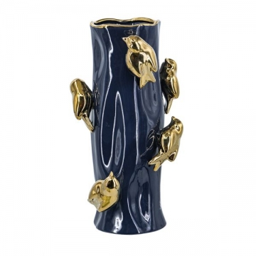 Artekko Glazed Μπλε Κεραμικό Βάζο με Χρυσά Πουλιά (20.5x20.5x39.5)cm