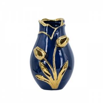 Artekko Glazed Μπλε Κεραμικό Βάζο με Χρυσές Λεπτομέρειες (19x19x28.5)cm