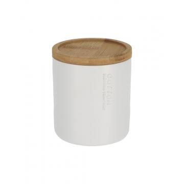 Δοχείο polyresin λευκό με καπάκι bamboo 13x20cm