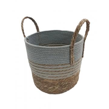 Καλάθι ψάθινο φυσικό με ρίγες & φάσα γκρι 33X30/39