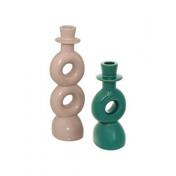 Κηροπήγια set2 μπεζ/πράσινο 8x8 x18/25 cm