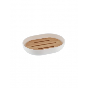 Σαπουνοθήκη πλαστική λευκή με bamboo 12.5x9.5cm